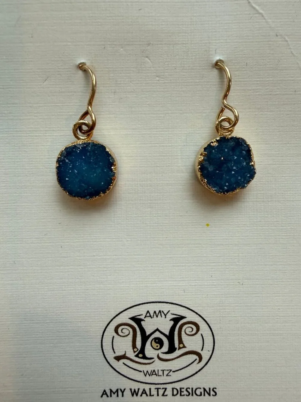 Blue Druzy Gold Tone Drop Earrings